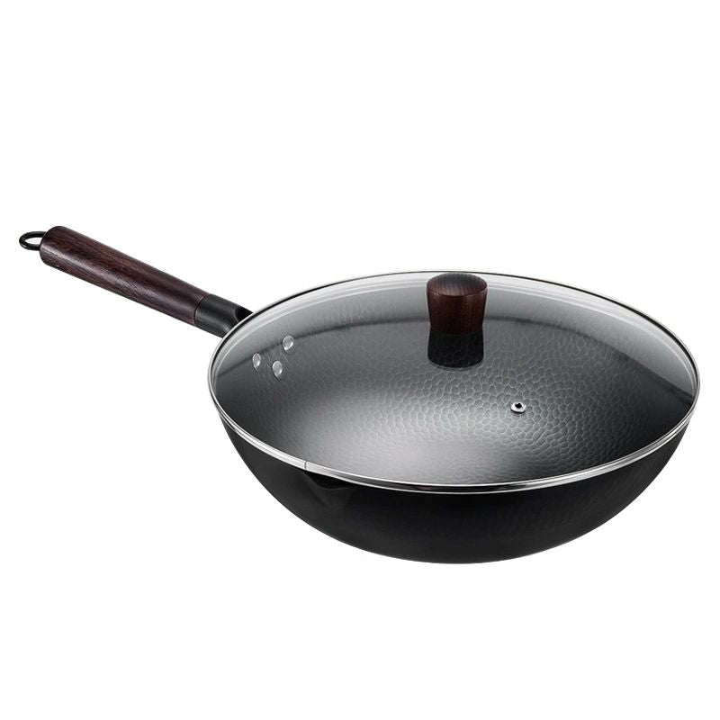 Hand Hammered 32/34CM Black Steel Wok with Wooden Handle & Cover